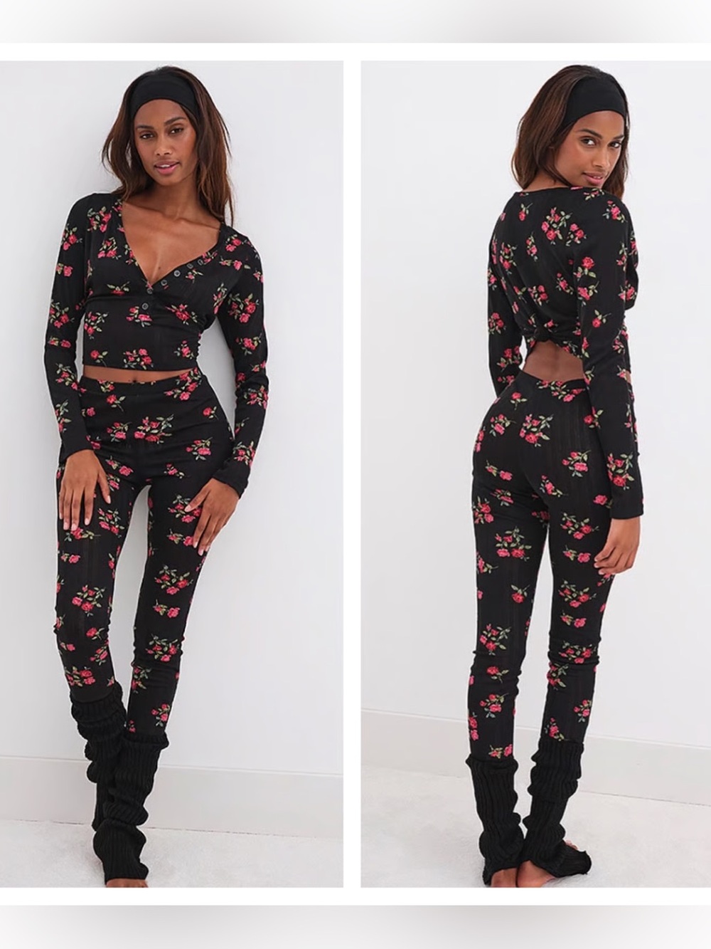 For Love and Lemons Black Rose Print Pajama Set